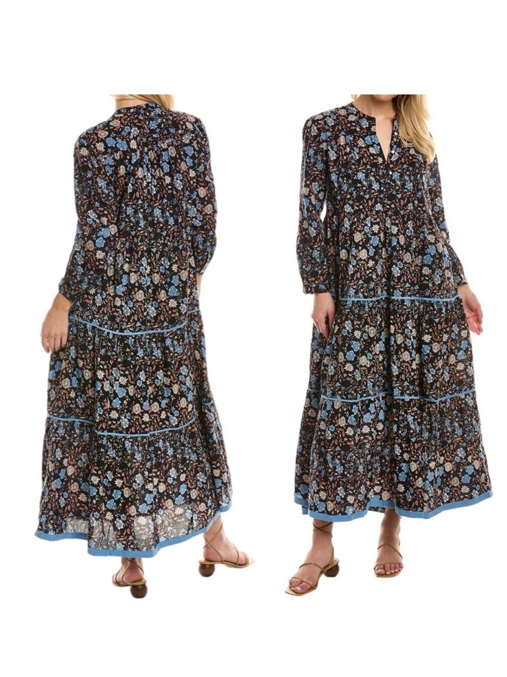 Ro’s Garden - Floral Tiered Maxi Dress in Black and Blue - Anthropologie